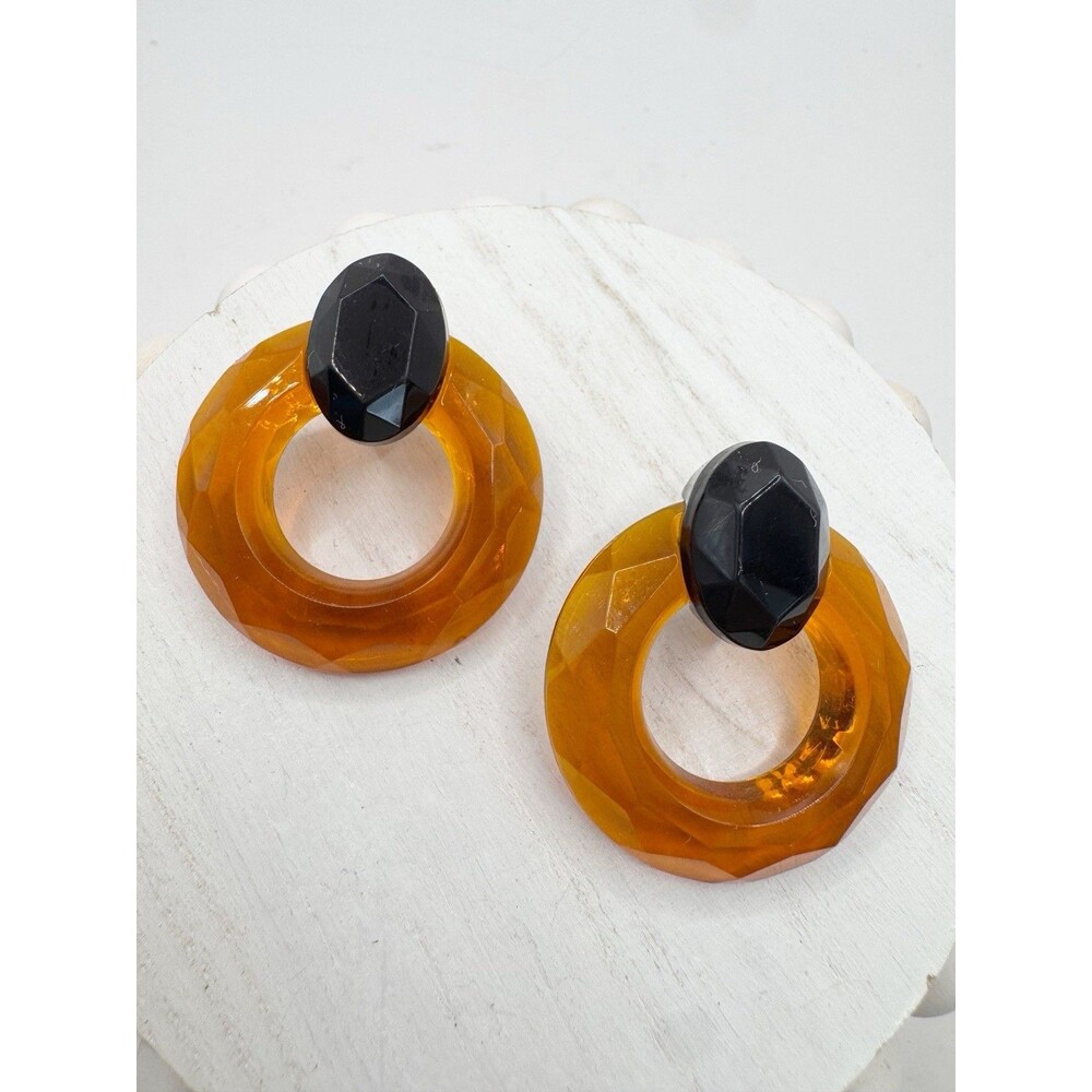 Vtg Amber Faceted Lucite Circle Chunky Earrings Retro 80s Avon Black orange Mod